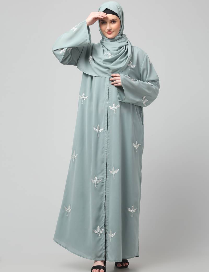 all over and hijab 3 leaf embroidery front open abaya
