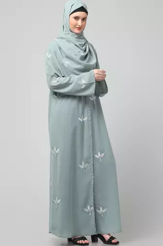all over and hijab 3 leaf embroidery front open abaya