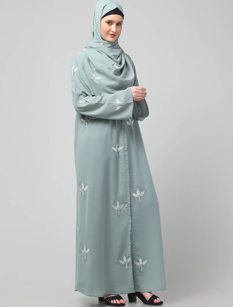 all over and hijab 3 leaf embroidery front open abaya