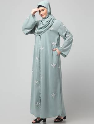 all over and hijab 3 leaf embroidery front open abaya 5