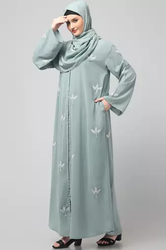 all over and hijab 3 leaf embroidery front open abaya
