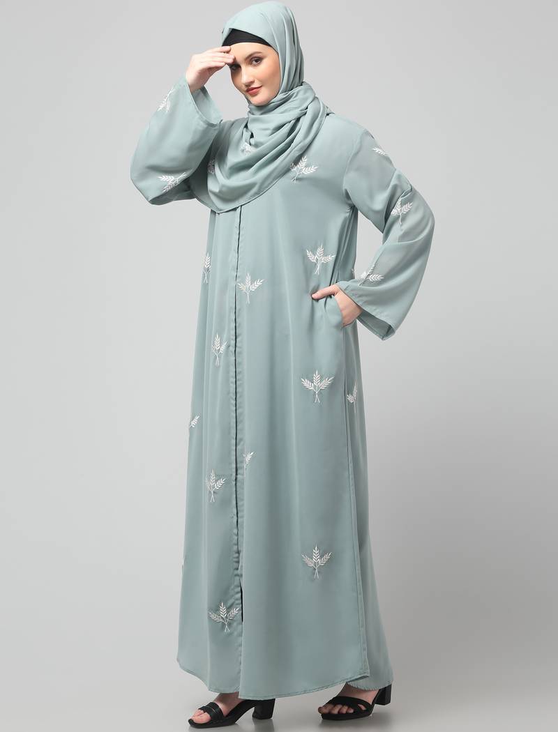 all over and hijab 3 leaf embroidery front open abaya