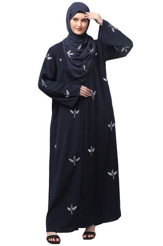 all over and hijab 3 leaf embroidery front open abaya