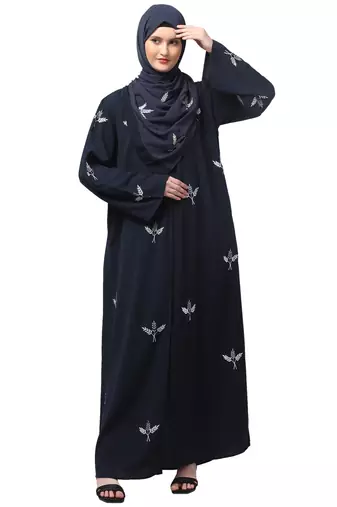 all over and hijab 3 leaf embroidery front open abaya