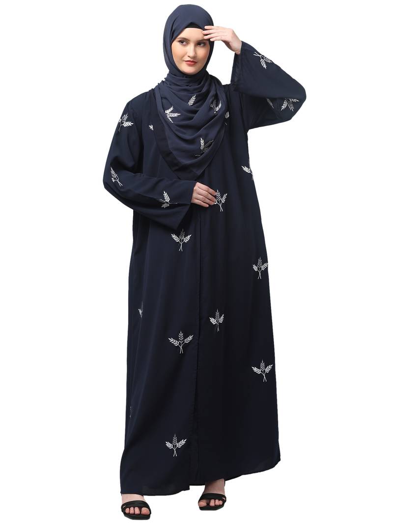 all over and hijab 3 leaf embroidery front open abaya