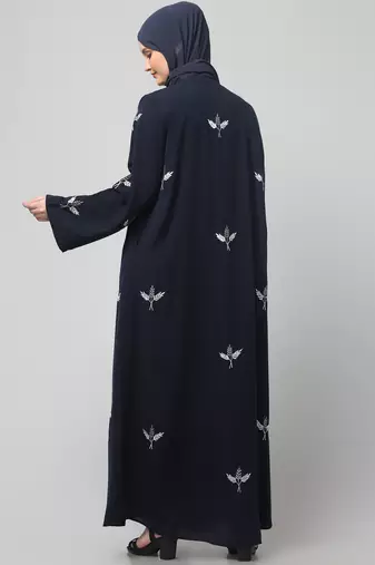 all over and hijab 3 leaf embroidery front open abaya