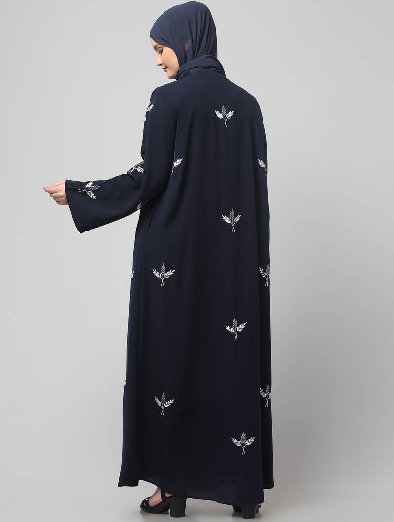 all over and hijab 3 leaf embroidery front open abaya
