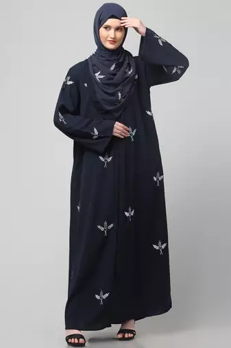 all over and hijab 3 leaf embroidery front open abaya