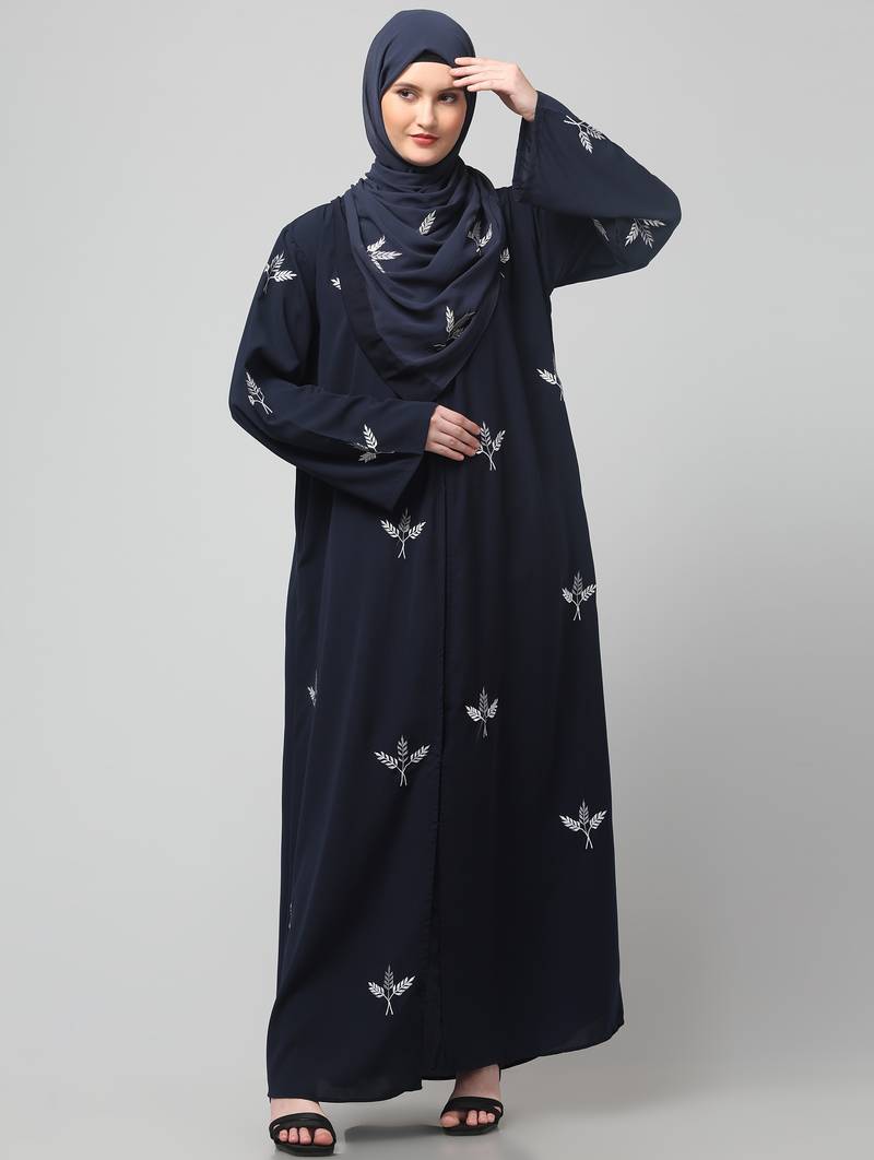 all over and hijab 3 leaf embroidery front open abaya