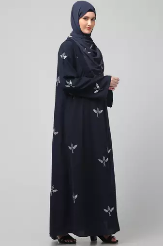 all over and hijab 3 leaf embroidery front open abaya