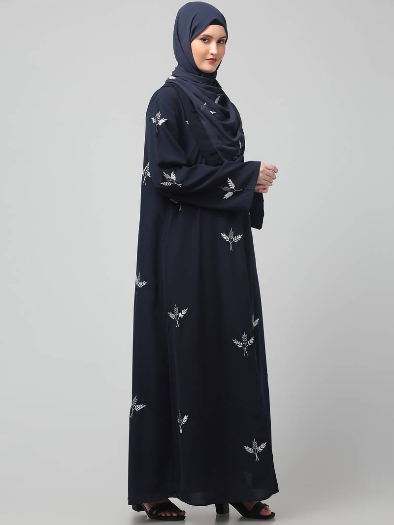 all over and hijab 3 leaf embroidery front open abaya