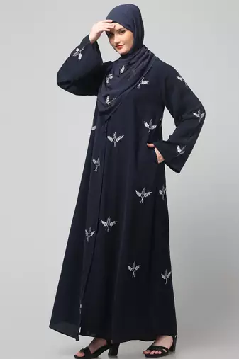 all over and hijab 3 leaf embroidery front open abaya