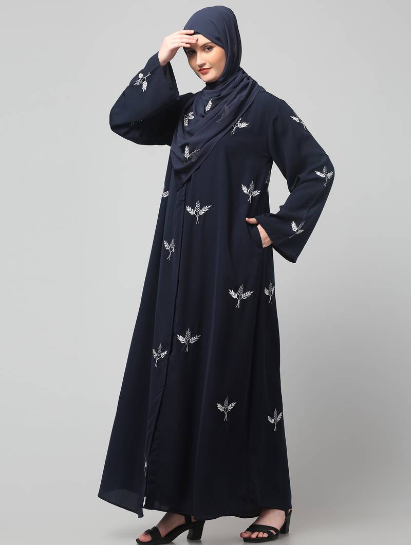 all over and hijab 3 leaf embroidery front open abaya