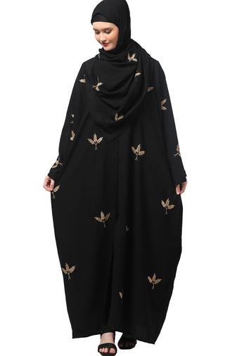 all over and hijab 3 leaf embroidery front open abaya