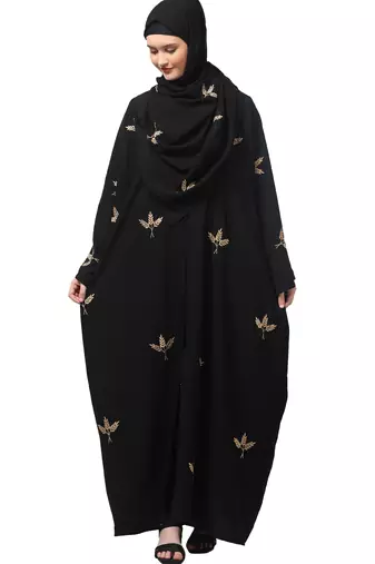 all over and hijab 3 leaf embroidery front open abaya
