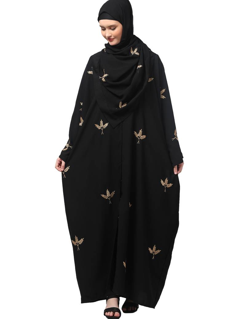 all over and hijab 3 leaf embroidery front open abaya
