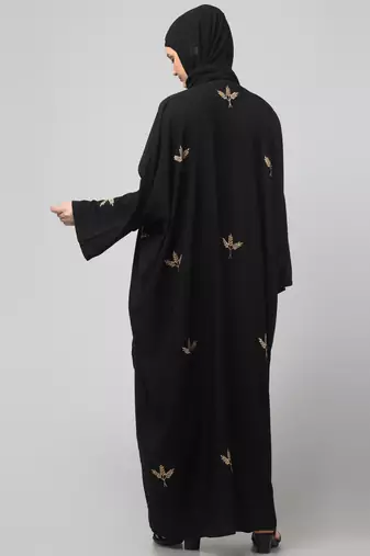 all over and hijab 3 leaf embroidery front open abaya