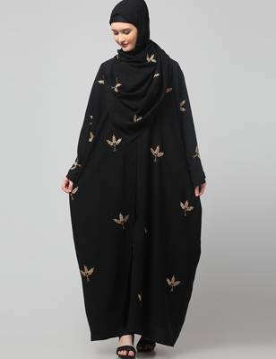 all over and hijab 3 leaf embroidery front open abaya 3