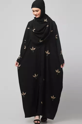 all over and hijab 3 leaf embroidery front open abaya
