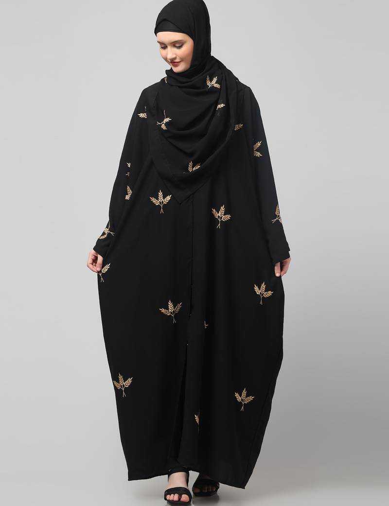 all over and hijab 3 leaf embroidery front open abaya