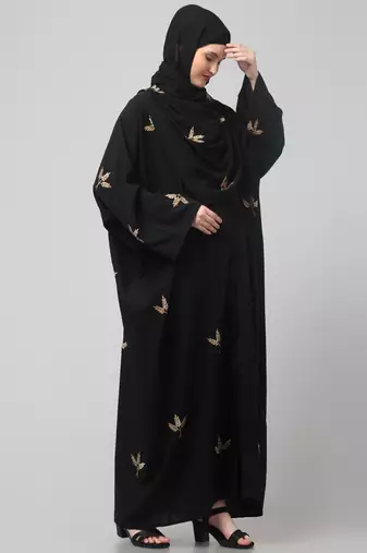 all over and hijab 3 leaf embroidery front open abaya