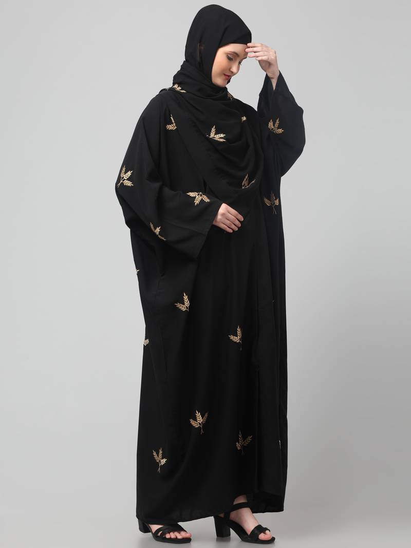 all over and hijab 3 leaf embroidery front open abaya