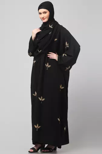 all over and hijab 3 leaf embroidery front open abaya