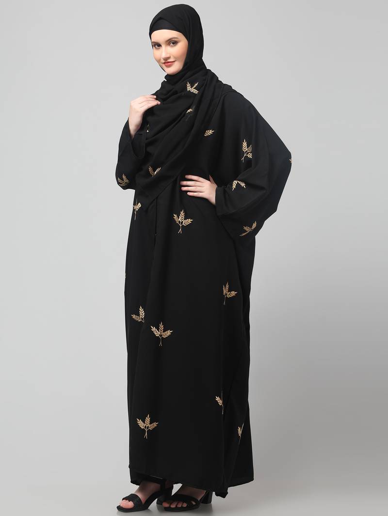 all over and hijab 3 leaf embroidery front open abaya