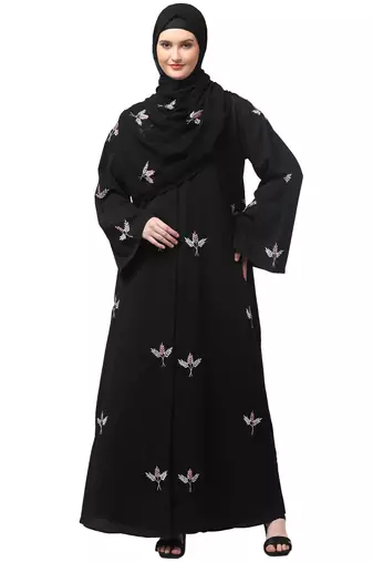 all over and hijab 3 leaf embroidery front open abaya