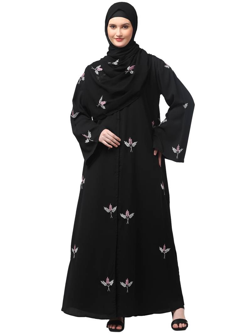 all over and hijab 3 leaf embroidery front open abaya