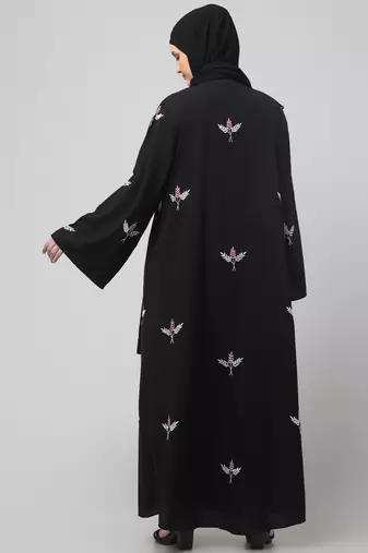 all over and hijab 3 leaf embroidery front open abaya