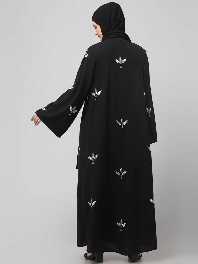 all over and hijab 3 leaf embroidery front open abaya