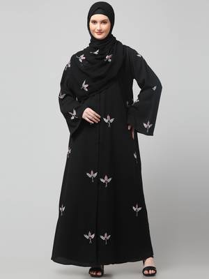 all over and hijab 3 leaf embroidery front open abaya 3