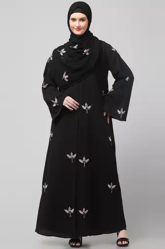 all over and hijab 3 leaf embroidery front open abaya
