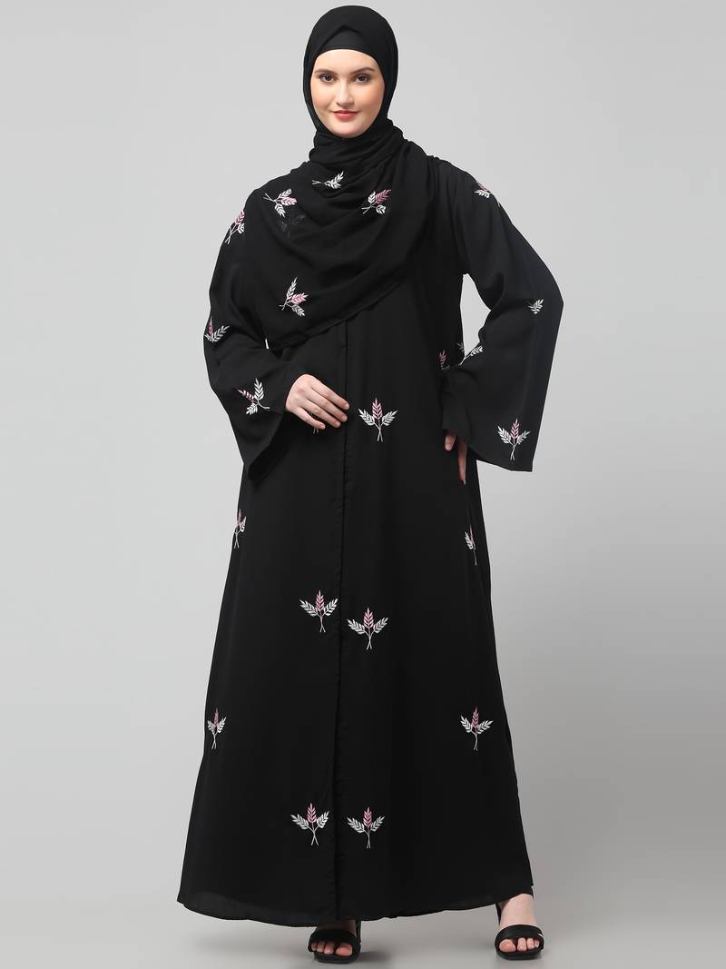 all over and hijab 3 leaf embroidery front open abaya