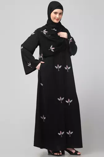 all over and hijab 3 leaf embroidery front open abaya