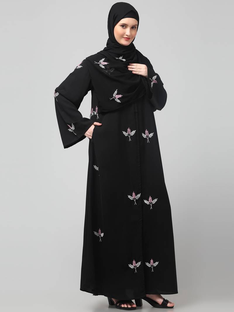 all over and hijab 3 leaf embroidery front open abaya