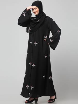 all over and hijab 3 leaf embroidery front open abaya 5