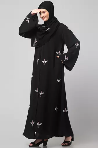 all over and hijab 3 leaf embroidery front open abaya