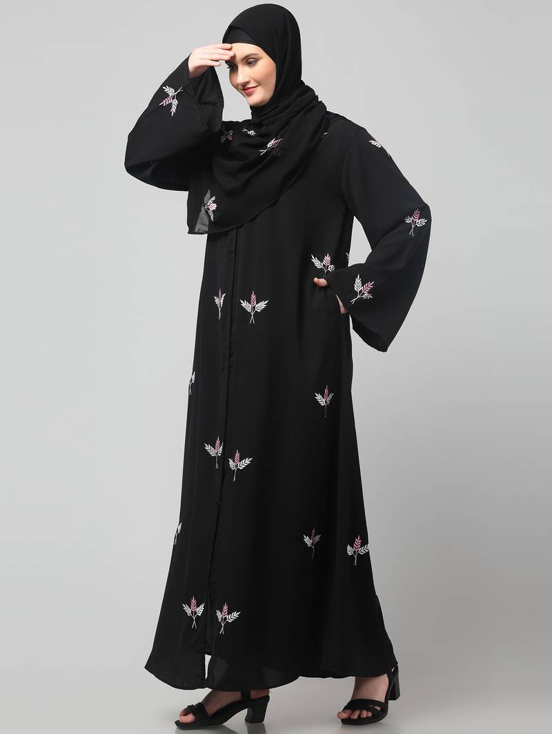 all over and hijab 3 leaf embroidery front open abaya