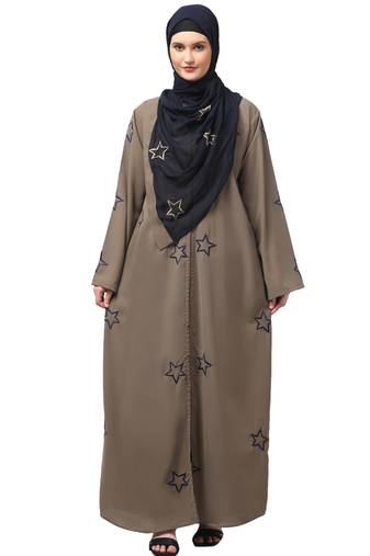 all over and hijab star embroidery front open abaya