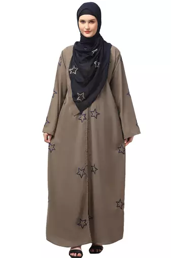 all over and hijab star embroidery front open abaya