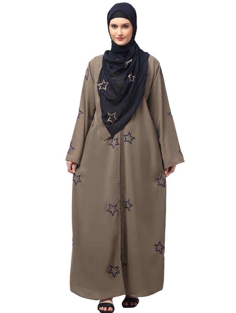 all over and hijab star embroidery front open abaya