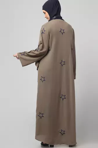 all over and hijab star embroidery front open abaya