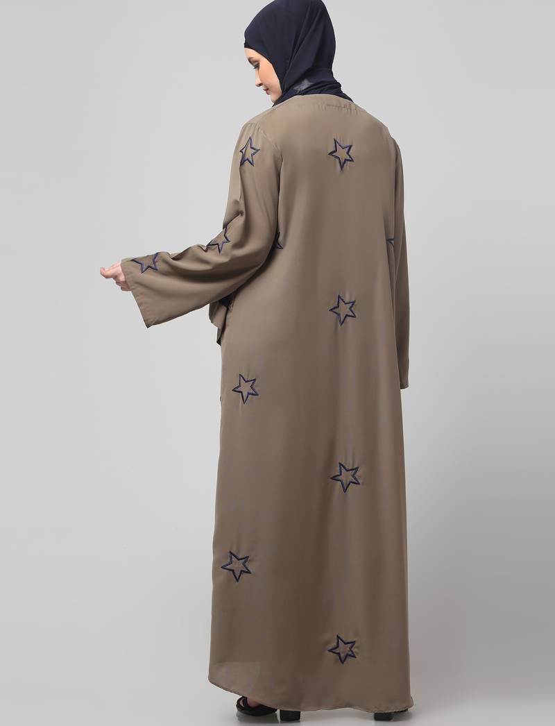 all over and hijab star embroidery front open abaya