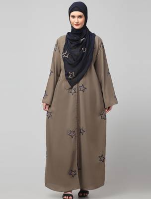 all over and hijab star embroidery front open abaya 3