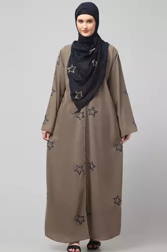 all over and hijab star embroidery front open abaya