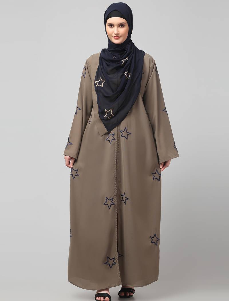 all over and hijab star embroidery front open abaya