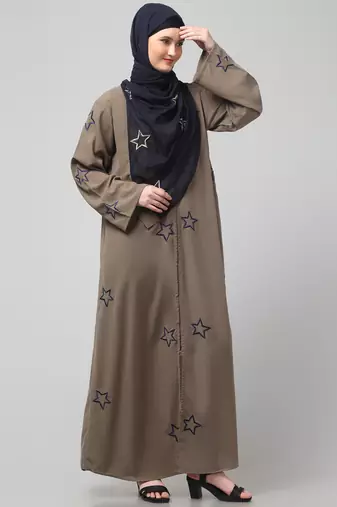 all over and hijab star embroidery front open abaya