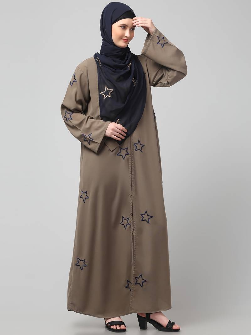 all over and hijab star embroidery front open abaya
